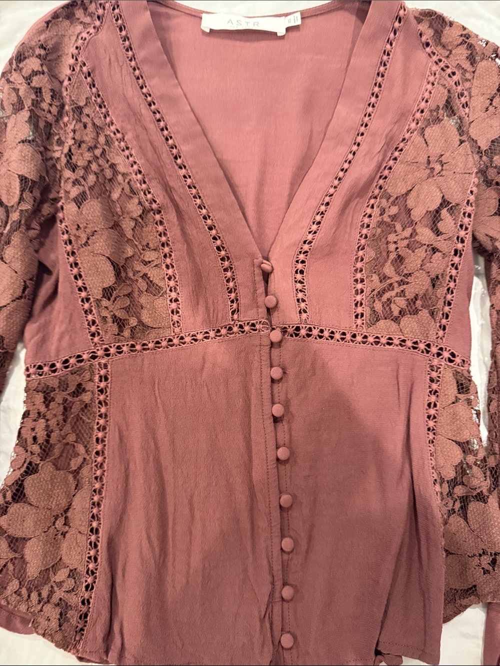 Astr Dusty Rose Lace-Panel Button Front Top